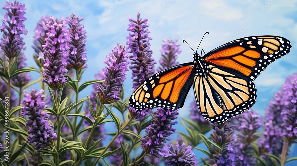 A drawing of a Monarch butterfly perched on a lavender flower. A drawing of a Monarch butterfly perched on a lavender flower.
