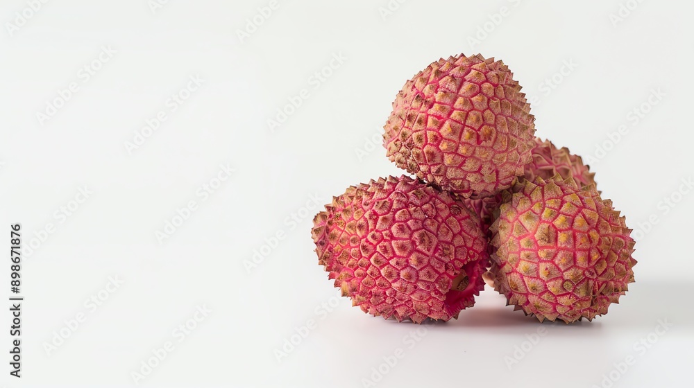 A close-up of three lychee fruits on a white background, showcasing their textured red skin. Perfect for healthy food concepts. A close-up of three lychee fruits on a white background, showcasing their textured red skin. Perfect for healthy food concepts.