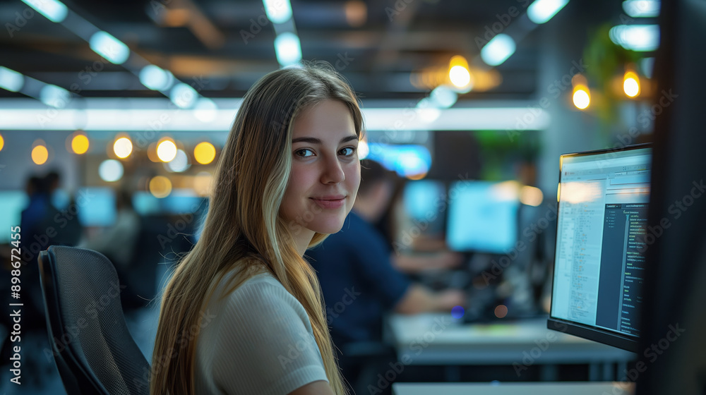A young woman, an IT specialist, works in a modern office environment, smiling confidently as she sits at her desk with multiple computer monitors around her A young woman, an IT specialist, works in a modern office environment, smiling confidently as she sits at her desk with multiple computer monitors around her