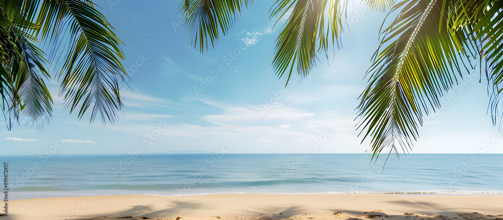Fototapeta premium Tropical beach scene with palm tree border against the backdrop. Copy space image available.