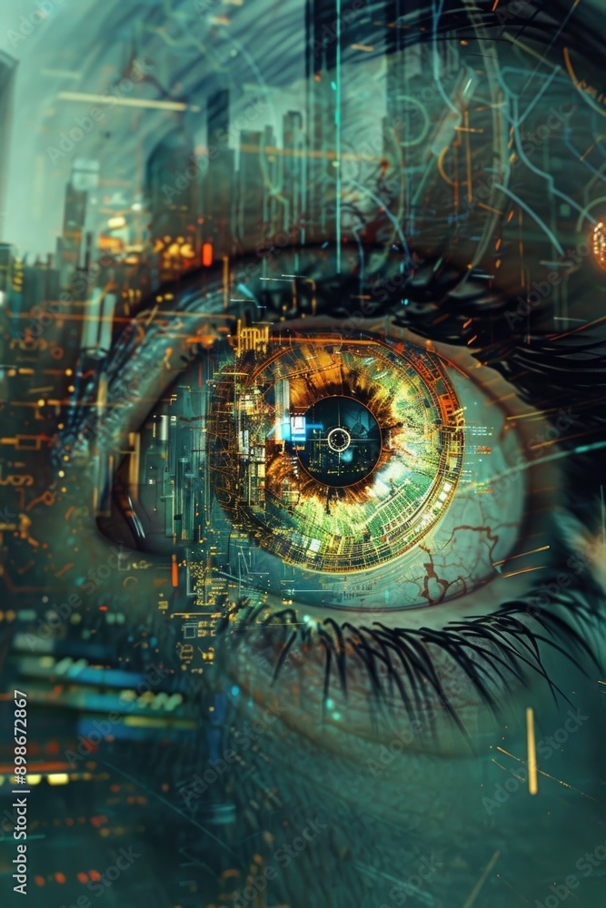 Close-up of a person's eye gazing at a cityscape in the distance Close-up of a person's eye gazing at a cityscape in the distance