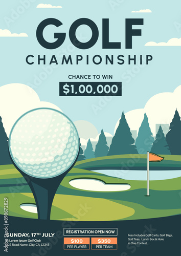 Golf Championship or Tournament Flyer Poster Design, Golf Club Event Banner Vector Template