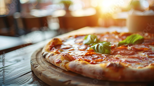 Wallpaper Mural Close-up details of fresh baked Italian pizza with basil salami and cheese on old rustic wooden table Torontodigital.ca