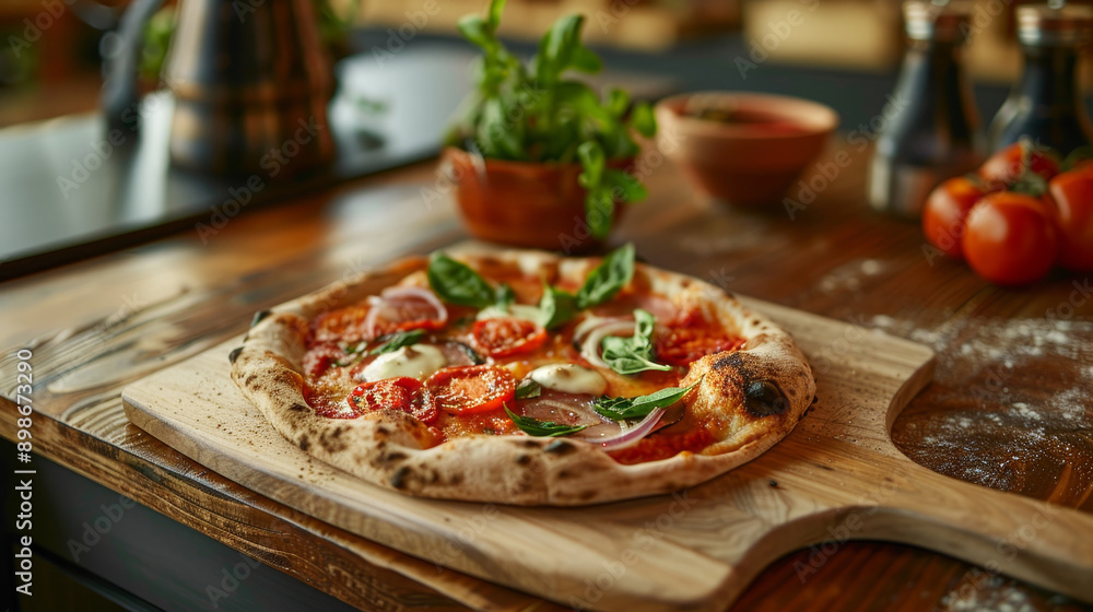 Authentic Italian pizza on old rustic wooden table top in kitchen view with ingredients Authentic Italian pizza on old rustic wooden table top in kitchen view with ingredients