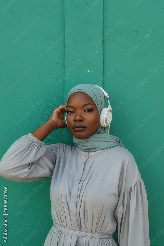Woman Enjoying Music with Headphones against a green background. Woman Enjoying Music with Headphones against a green background.
