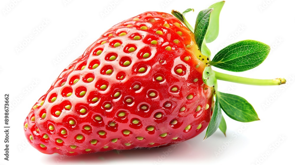 Close-up of a vibrant, ripe strawberry with green leaves on a white background. Perfect for food and fresh produce concepts. Close-up of a vibrant, ripe strawberry with green leaves on a white background. Perfect for food and fresh produce concepts.