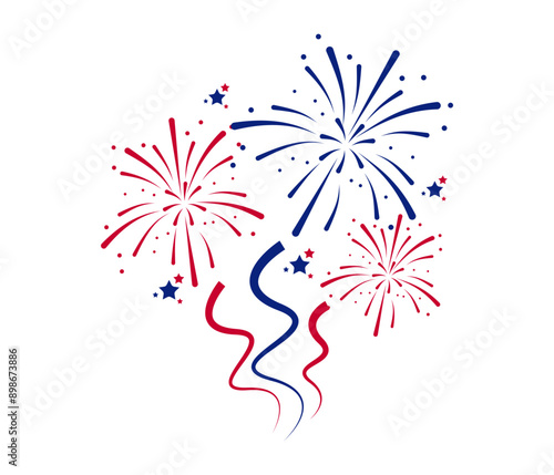 Fireworks Fourth of July.Set of fireworks with a red and blue stars and sparks . United states of america independence day fireworks. Red, blue fireworks for 4th of July ,Labor Day or Memorial day.