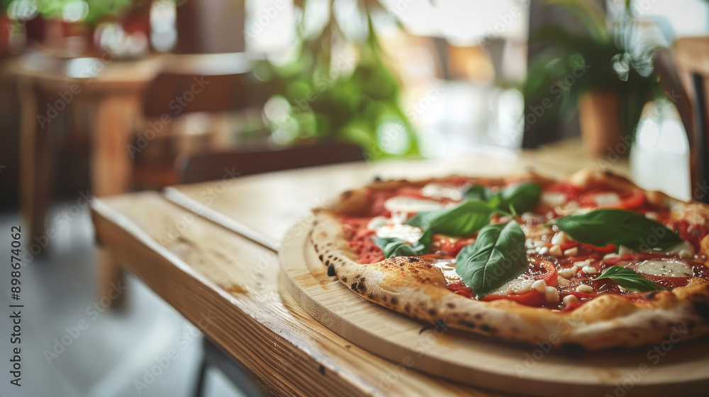 Freshly Baked Neapolitan Pizza with Basil and Melted Cheese on Rustic Wooden Table in Cozy pizzeria Freshly Baked Neapolitan Pizza with Basil and Melted Cheese on Rustic Wooden Table in Cozy pizzeria