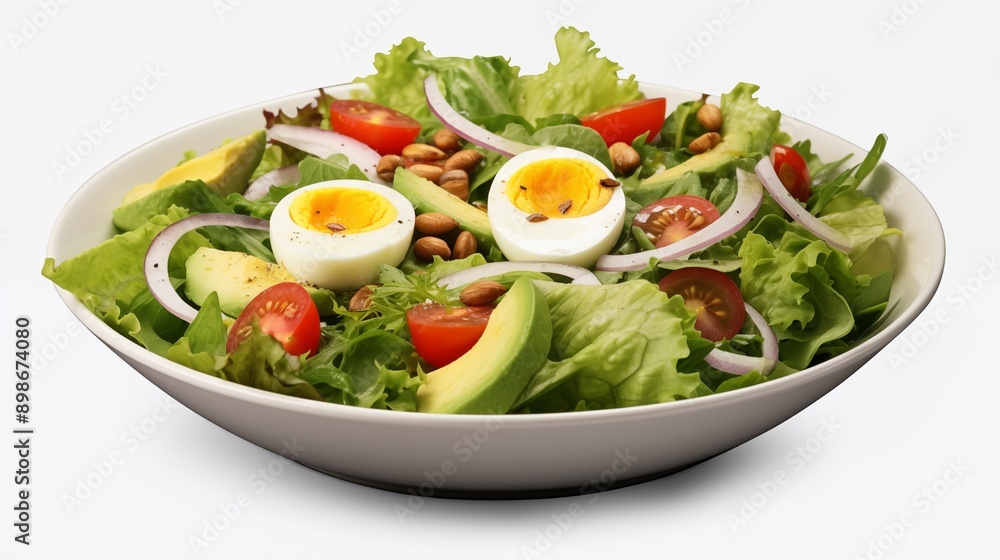 Rich plates of salad from green leaves mix and vegetables with avocado or eggs, chicken and shrimps isolated on transparent background Rich plates of salad from green leaves mix and vegetables with avocado or eggs, chicken and shrimps isolated on transparent background