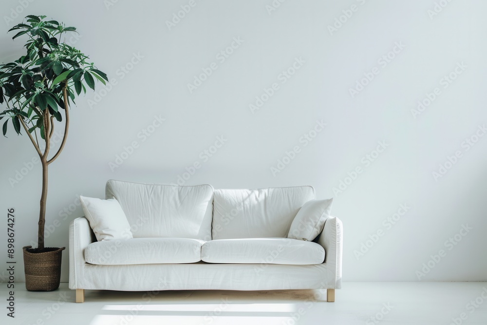 A white sofa sits in front of a white wall, with a potted plant next to it. Sunlight streams through a window, illuminating the room. Generative AI A white sofa sits in front of a white wall, with a potted plant next to it. Sunlight streams through a window, illuminating the room. Generative AI