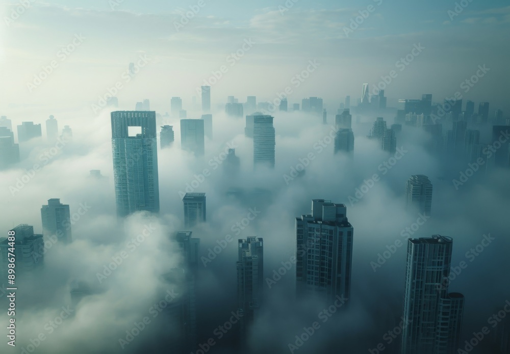 Fototapeta premium A city skyline shrouded in thick smog, with buildings barely visible through the haze