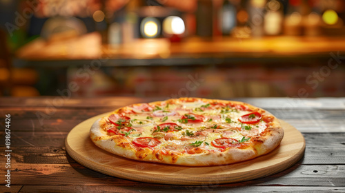 Neapolitan Pizza on Wooden Board in Rustic Bistro Setting with Warm Lighting and Soft Bokeh Effect