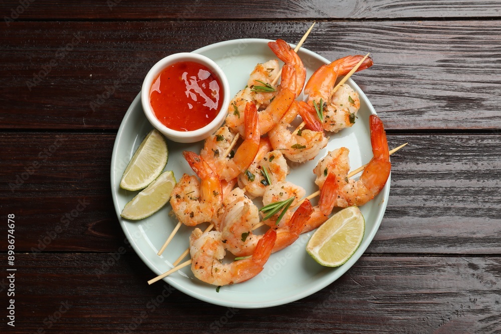 Skewers with delicious grilled shrimps served on wooden table, top view Skewers with delicious grilled shrimps served on wooden table, top view
