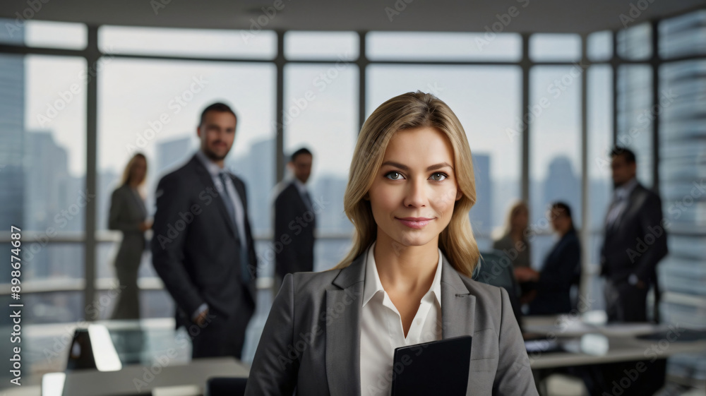 female boss and group of business people in office background female boss and group of business people in office background