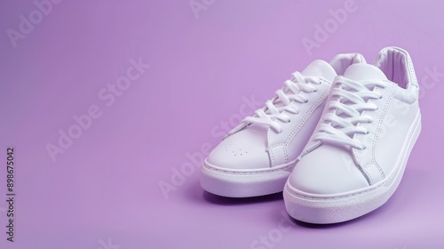 Stylish white sneakers for youth on lilac background with urban style vibe