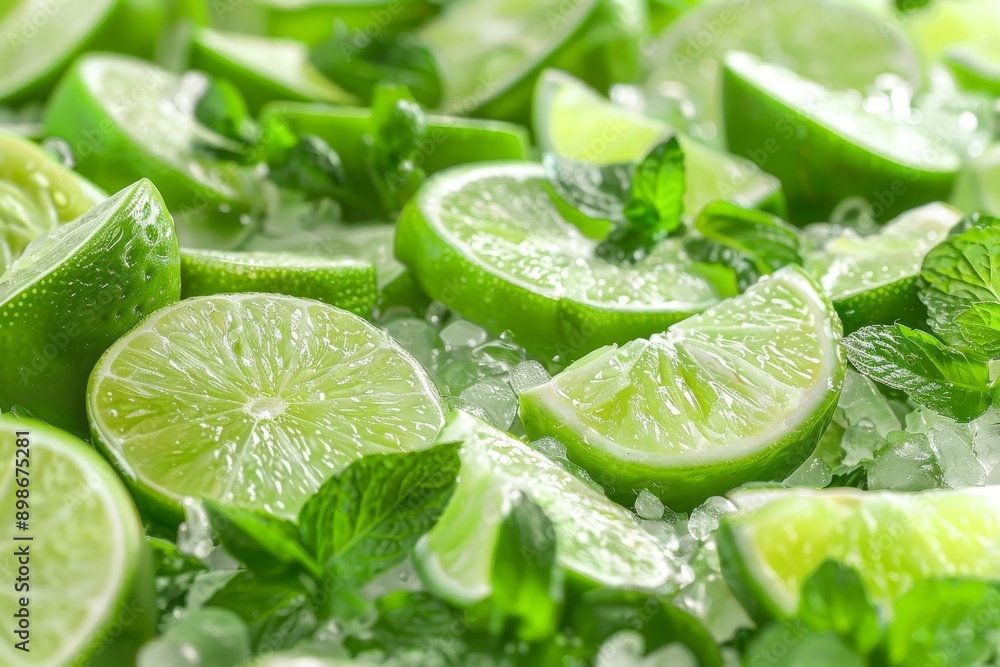 Fresh Lime Slices and Mint Leaves with Water Droplets in Macro Photography Emphasizing Refreshing Green Colors and Natural Ingredients Fresh Lime Slices and Mint Leaves with Water Droplets in Macro Photography Emphasizing Refreshing Green Colors and Natural Ingredients