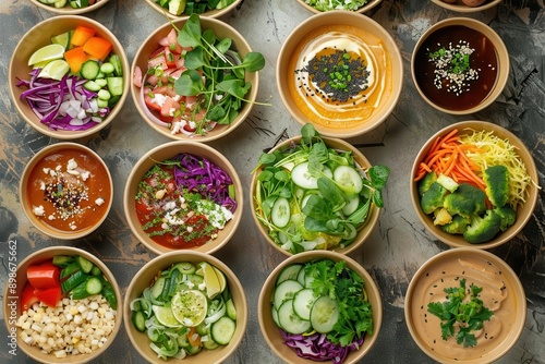 artisanal ecofriendly takeaway spread top view vibrant salads rustic soups colorful poke bowls kraft paper containers fresh ingredients sustainable gourmet concept