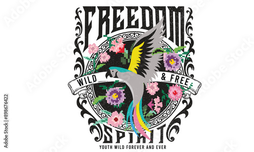 Colorful bird  fly vector artwork design for t-shirt and others. Rock and roll graphic print design for apparel, stickers, posters and background. Music tour logo design. Pixel flower artwork.