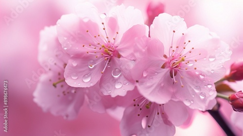 A macro shot of dew drops glistening on the delicate petals of a vibrant pink cherry blossom, with a soft-focus background of a serene spring morning.