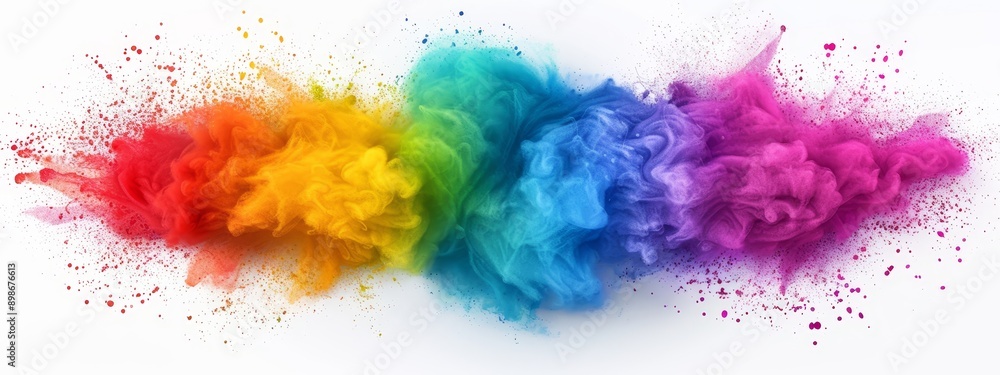 Fototapeta premium A multicolored cloud of smoke forms a rainbow shape against a pristine white background, speckled with small splashes