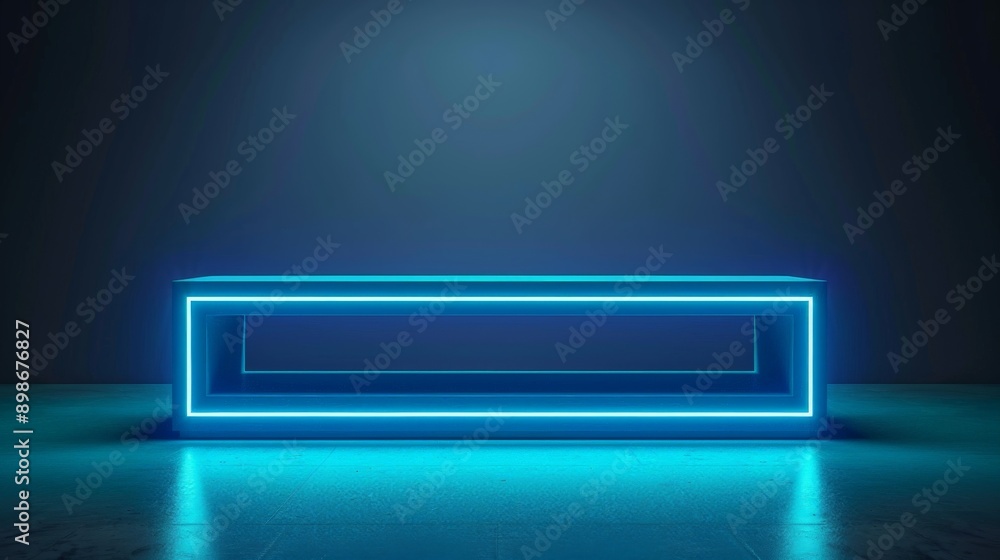 Rectangular podium illuminated by blue neon lights on a dark stage Rectangular podium illuminated by blue neon lights on a dark stage