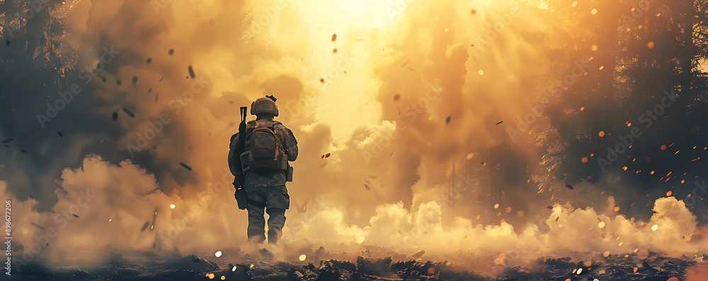 Fototapeta premium back view of a Military soldier smoke on ground in dark forest.