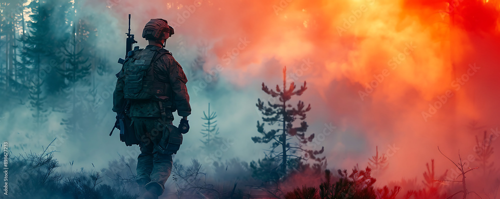 back view of a Military soldier smoke on ground in dark forest. back view of a Military soldier smoke on ground in dark forest.