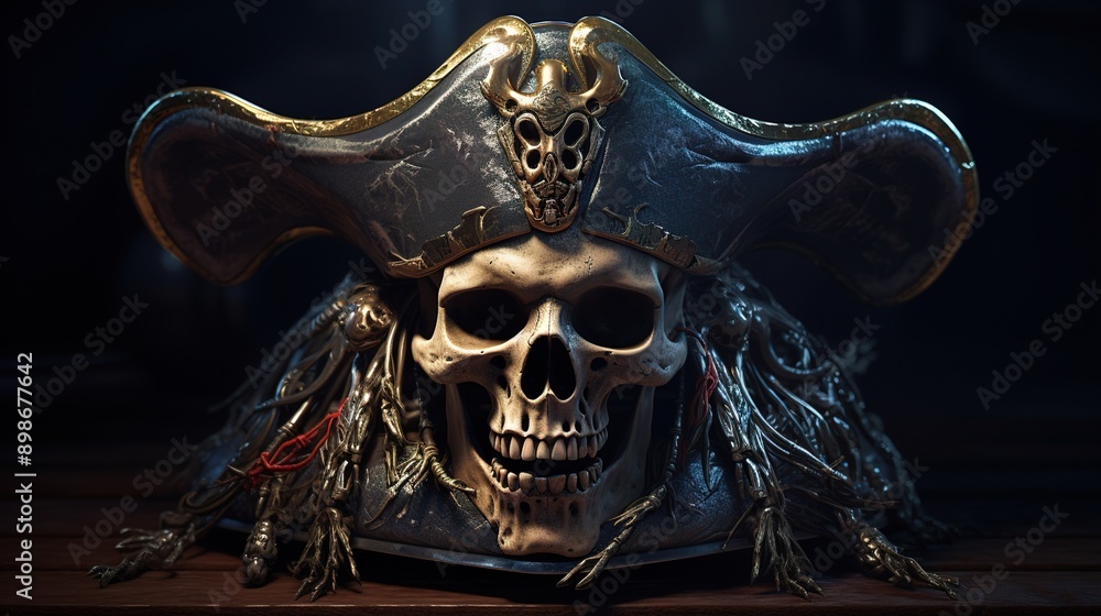 Fototapeta premium A pirate skull with crossed swords behind it, adorned with an old-fashioned pirate hat, invoking a sense of adventure.