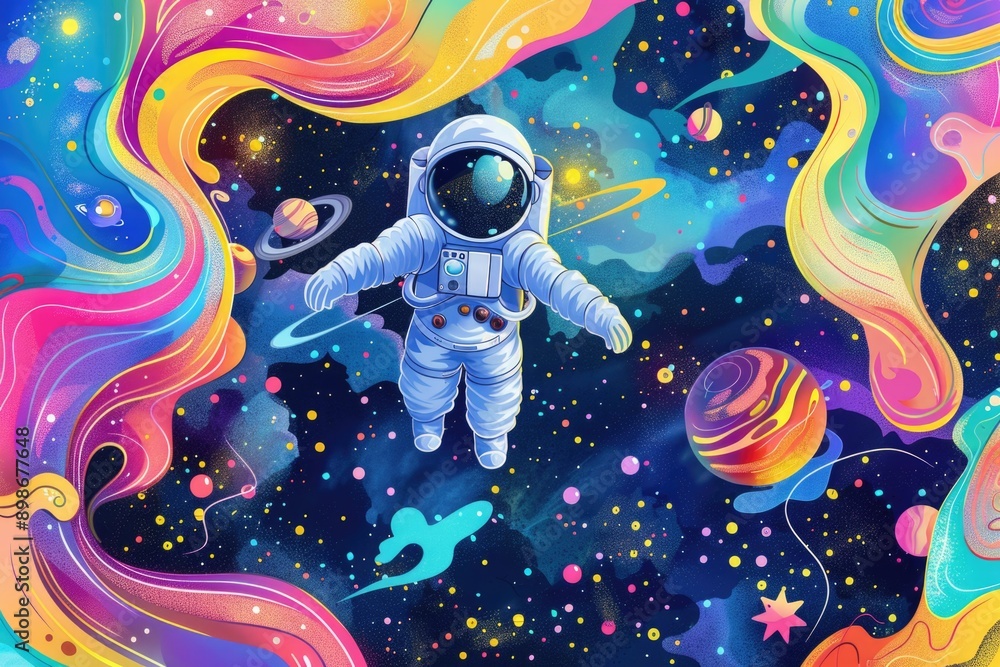 An astronaut floating in space surrounded by planets, suitable for use in sci-fi concept art or educational materials An astronaut floating in space surrounded by planets, suitable for use in sci-fi concept art or educational materials