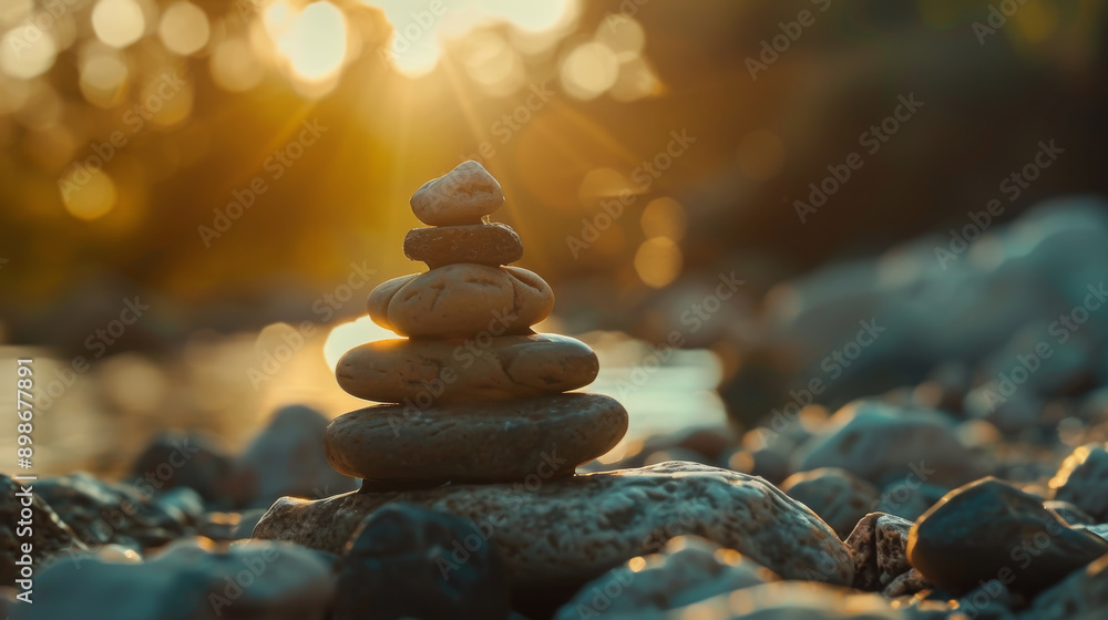 Obraz premium stack of zen stones in golden warm sunlight. Inner peace harmony balance concept.