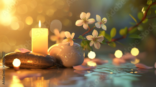 spa still life background with copy space with flowers towels and stones, candlelight in the background.