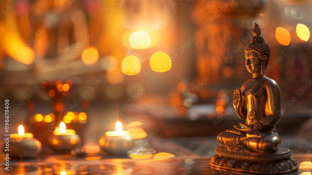 Buddha Statue with Candlelight and Warm Golden Bokeh for Spiritual Tranquility and Inner Peace Buddha Statue with Candlelight and Warm Golden Bokeh for Spiritual Tranquility and Inner Peace