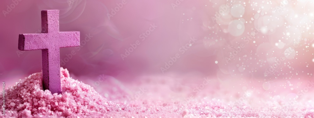 A pink cross atop a mound of pink sand, nestled amidst a pink sky teeming with stars A pink cross atop a mound of pink sand, nestled amidst a pink sky teeming with stars