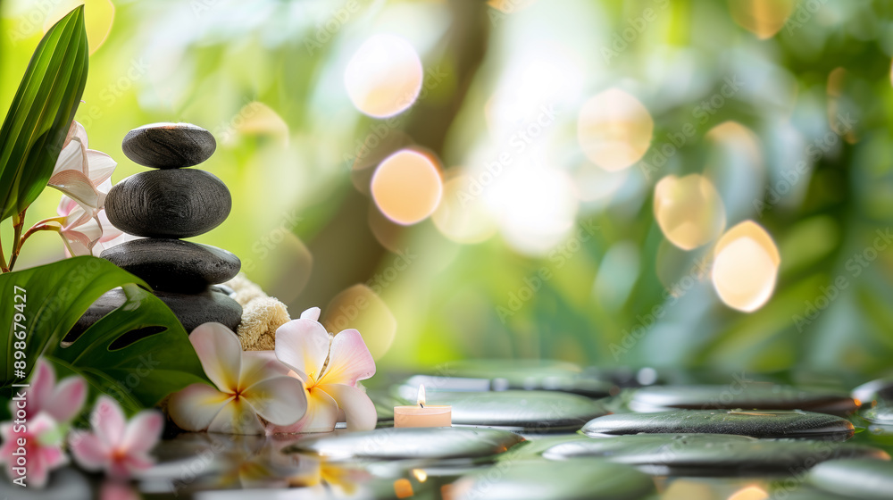 Zen Stone Stack and Plumeria Flowers with Candle in Nature Setting, Soothing Spa Vibes Zen Stone Stack and Plumeria Flowers with Candle in Nature Setting, Soothing Spa Vibes