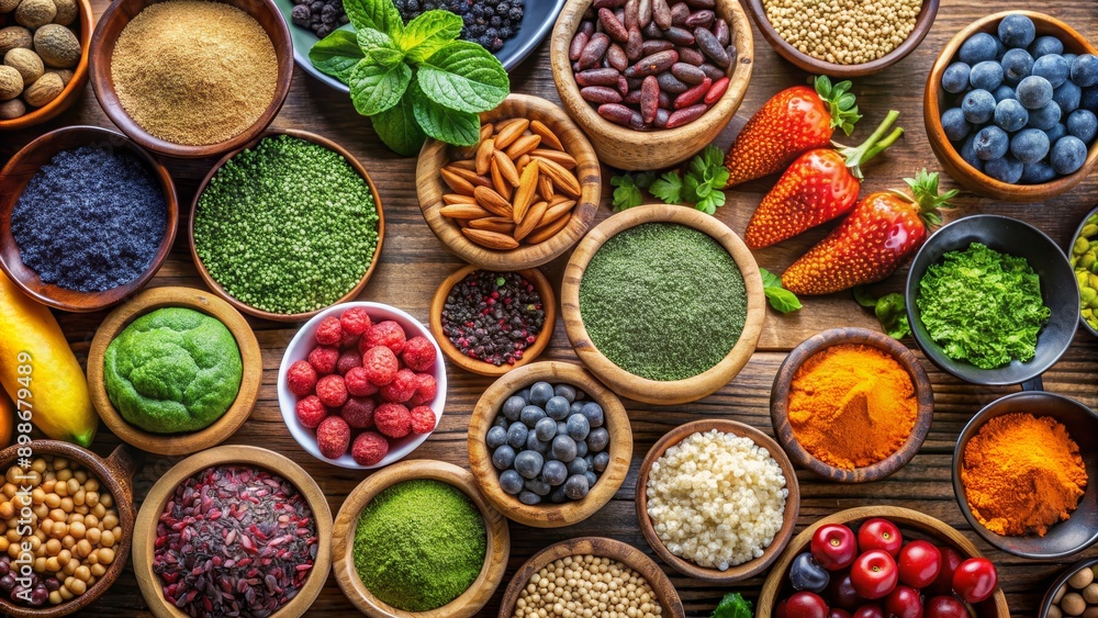 A Bowl of Superfoods A Flat Lay of Fresh and Dried Ingredients for a Healthy Lifestyle, superfood, ingredients, health, nutrition, A Bowl of Superfoods A Flat Lay of Fresh and Dried Ingredients for a Healthy Lifestyle, superfood, ingredients, health, nutrition,