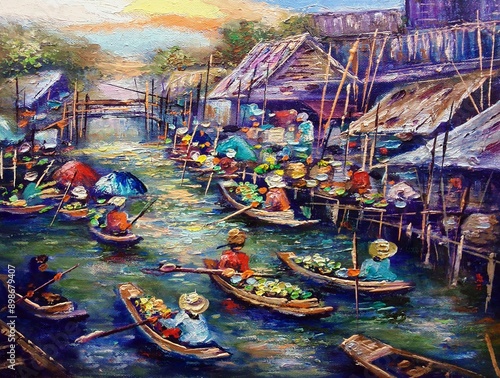 Hand drawn Art painting Oil color Floating market dumnoen saduak from thailand photo