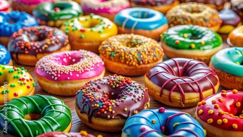 A Close-Up of Colorful Donuts with Sprinkles, Donuts, Bakery, Treats, Dessert