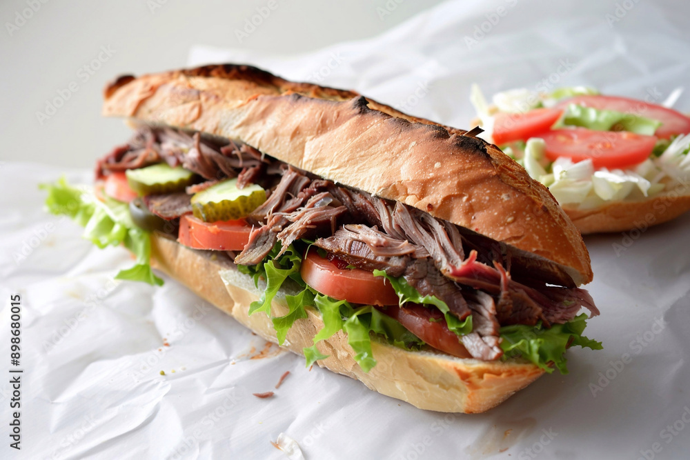 Roast beef fresh sandwich with salad and tomatoes on cafe table suitable for lunch.AI Generative.