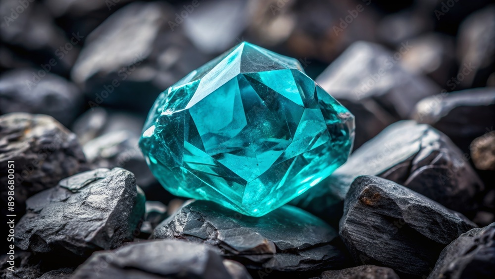 A Facetted Turquoise Gemstone Resting on a Bed of Dark Stones, Gem, Turquoise, Crystal, Nature A Facetted Turquoise Gemstone Resting on a Bed of Dark Stones, Gem, Turquoise, Crystal, Nature