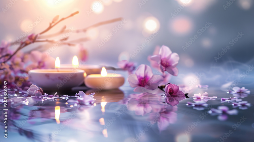 Soft Candlelight with Pink Blossoms in a Tranquil Spa Setting Soft Candlelight with Pink Blossoms in a Tranquil Spa Setting