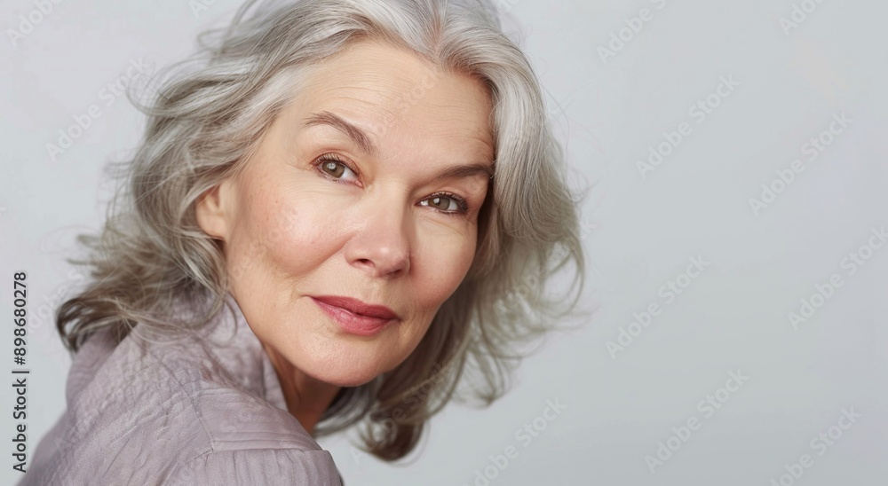 Fototapeta premium Portrait of attractive natural beautiful mature woman portrait with perfect skin for her age.Macro.AI Generative.