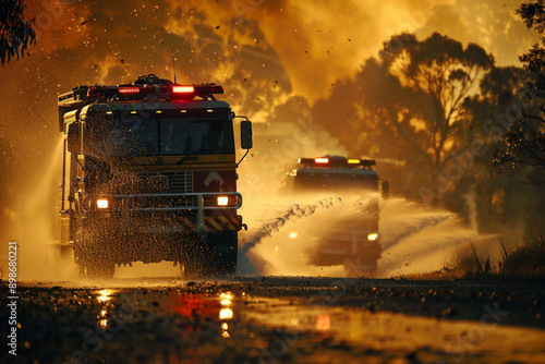 firetrucks and fireman rushing to put out fire in bush fire, global warming