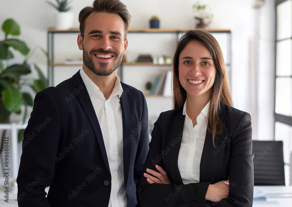 Smiling happy business couple at their office showing perfect example of partnership.Macro.AI Generative. Smiling happy business couple at their office showing perfect example of partnership.Macro.AI Generative.