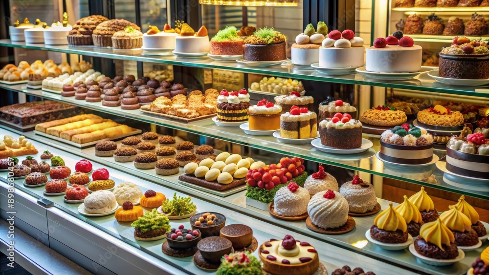 A Pastry Paradise A Delicious Array of Cakes and Treats in a Glass Display, Dessert, Bakery, Cake, Pastry A Pastry Paradise A Delicious Array of Cakes and Treats in a Glass Display, Dessert, Bakery, Cake, Pastry