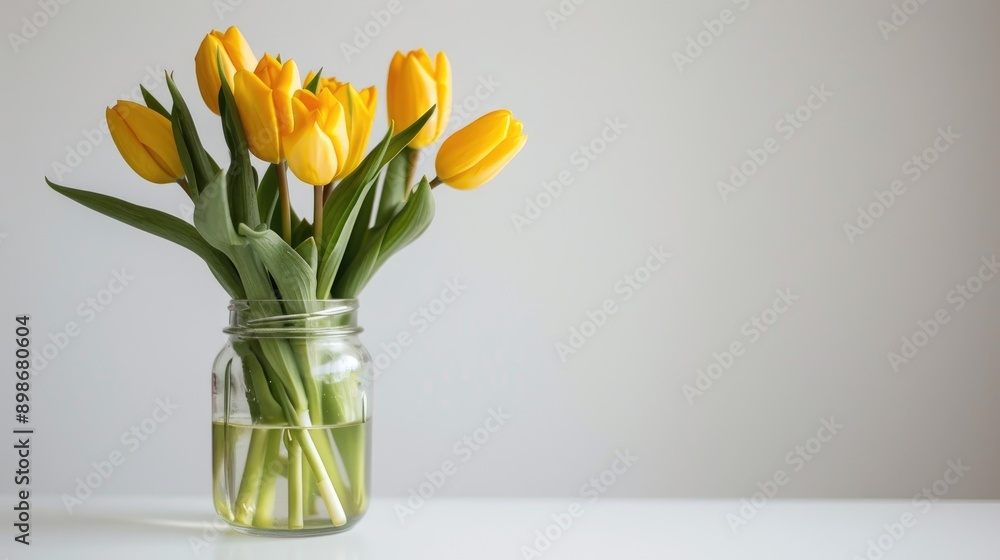 Yellow tulips in glass jar on white background for home decor