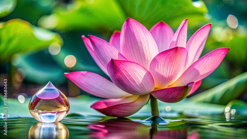 A Single Pink Lotus Flower with a Glass Orb Reflecting on a Calm Water Surface, Flower, Water, Reflection, Spa A Single Pink Lotus Flower with a Glass Orb Reflecting on a Calm Water Surface, Flower, Water, Reflection, Spa