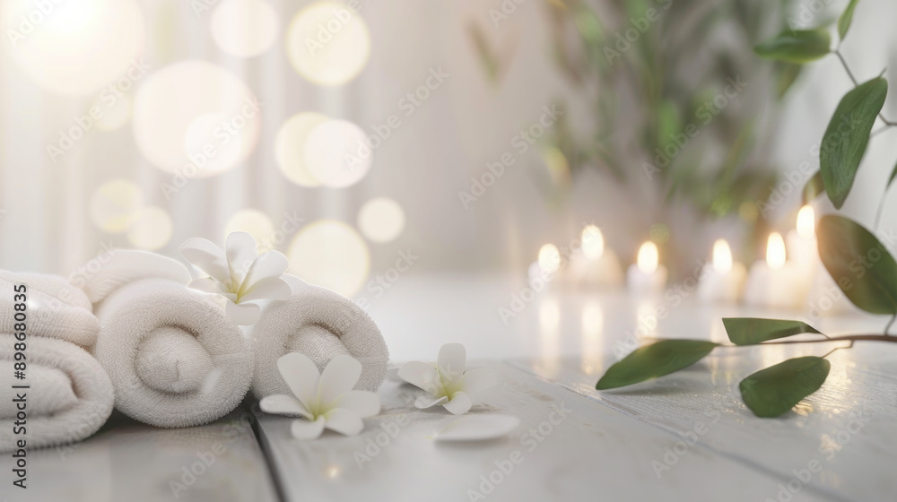 Rolled White Towels with Flowers and Soft Candlelight for Spa and Relaxation Rolled White Towels with Flowers and Soft Candlelight for Spa and Relaxation