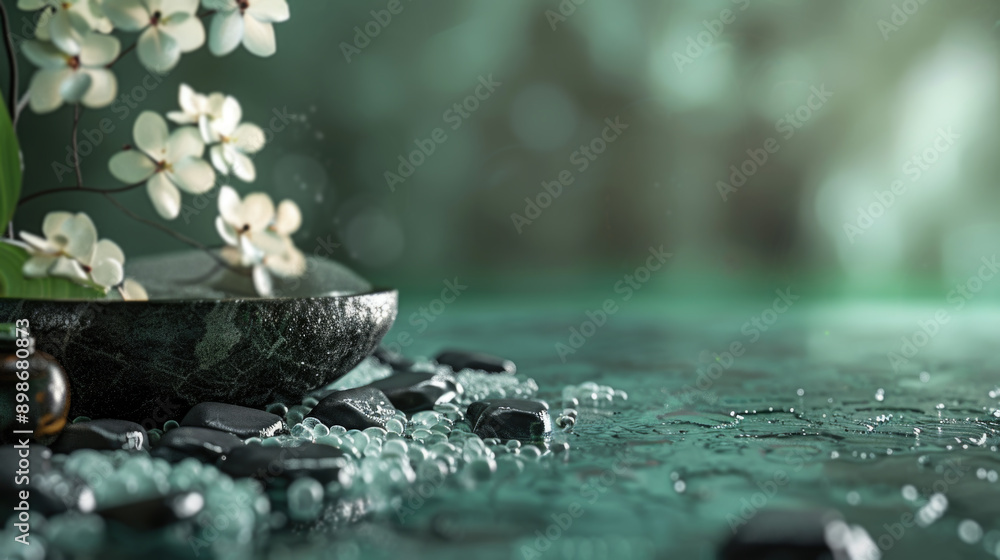 Zen Spa Setting with Black Stones, White Orchids, and Refreshing Green Ambiance Zen Spa Setting with Black Stones, White Orchids, and Refreshing Green Ambiance