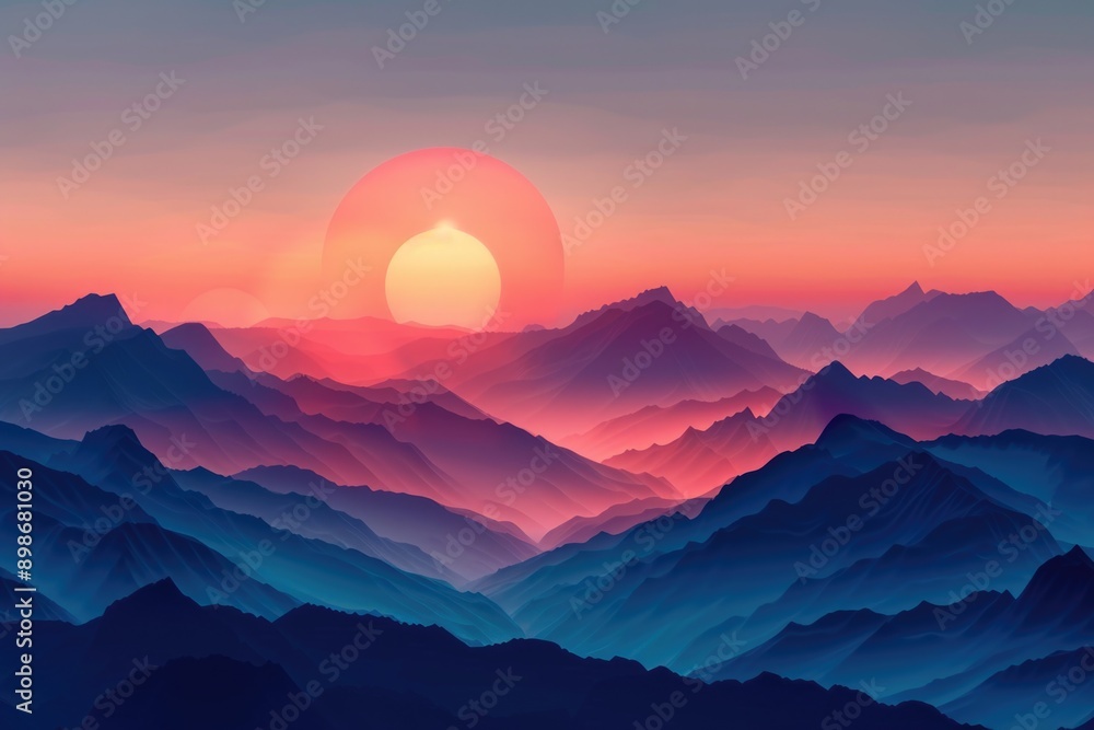 A breathtaking view of a mountain range at sunset, with warm colors and a serene atmosphere A breathtaking view of a mountain range at sunset, with warm colors and a serene atmosphere
