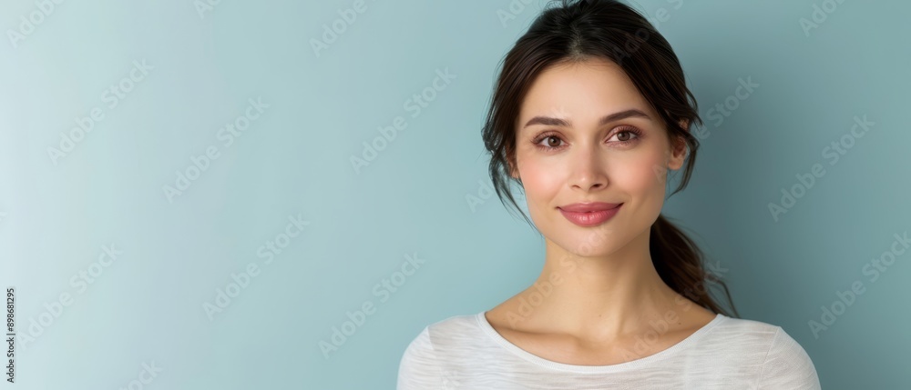 A woman, wearing a white shirt, smiles at the camera against a blue backdrop, with a light blue wall evident beyond A woman, wearing a white shirt, smiles at the camera against a blue backdrop, with a light blue wall evident beyond